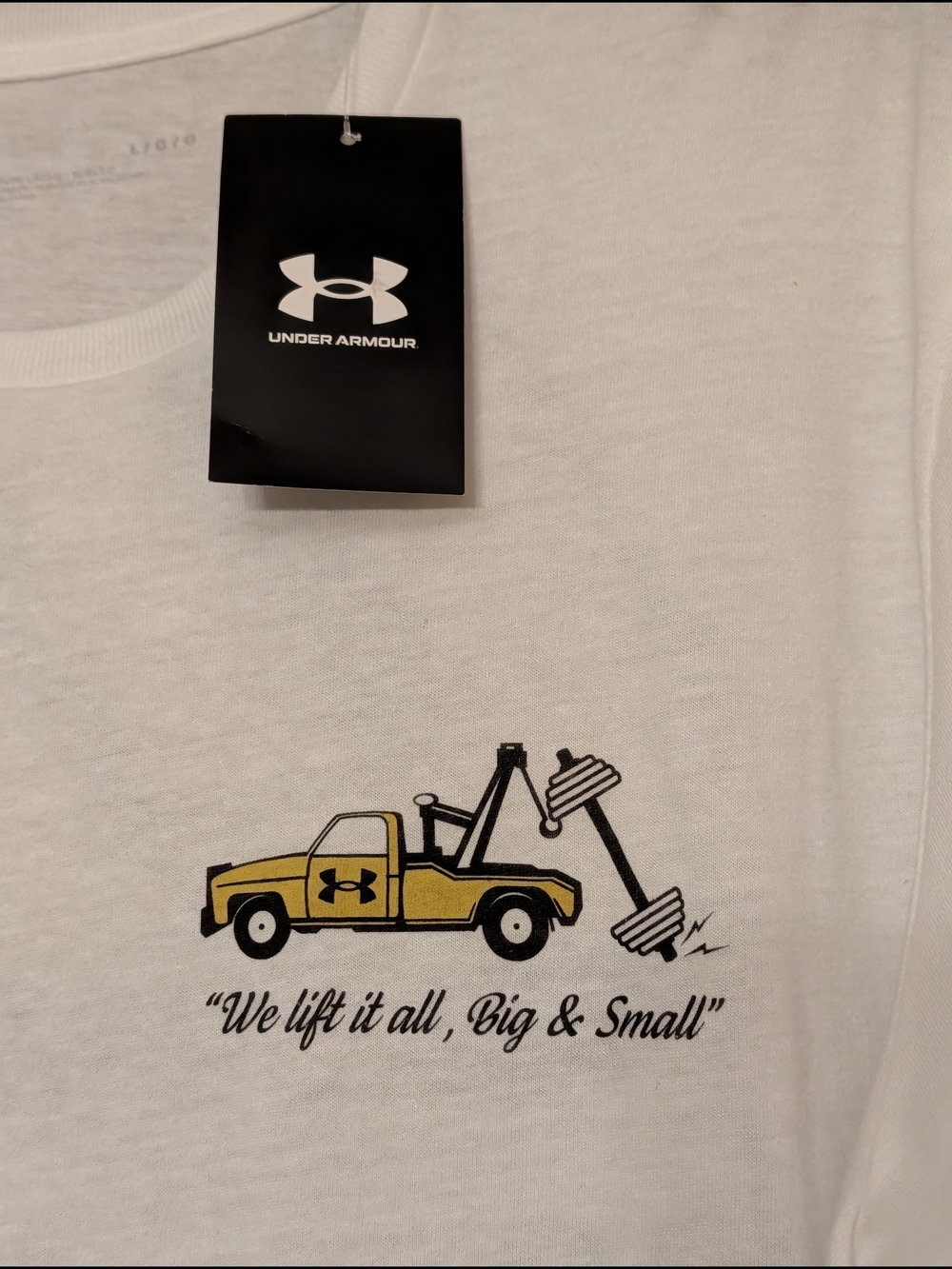 Under Armour White Tee with Yellow Tow Truck Fitness Graphic NWT